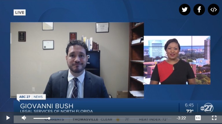 attorney gio bush talking with wtxl about cdc eviction moratorium. screenshot of video.