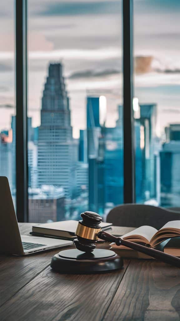 sleek office with city view laptop book gavel legal tasks vertical mobile wallpaper